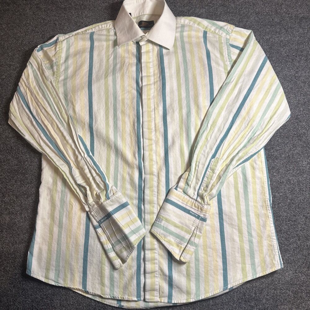 STEVEN LAND Dress Shirt Men 16 34/34 Modern Pastel Striped French Cuff